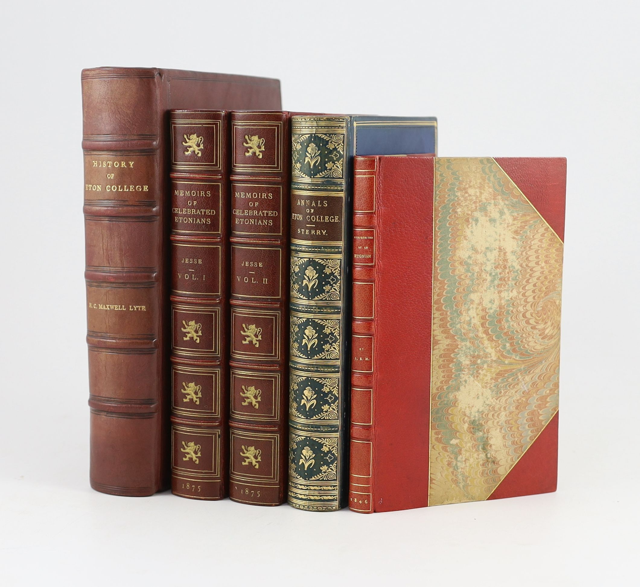 Eton College interest - Lyte, Sir H.C. Maxwell - A History of Eton College (1440-1910), 8vo, maroon calf, ink presentation inscription to front fly leaf, Macmillan and Co., London, 1911; Jesse, J. Heneage - Memoirs of Ce